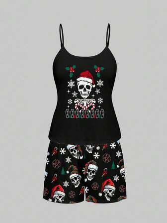 Goth Ensemble de pyjama camisole et short à imprimé tout-sur-tout avec sapin de Noël, crâne, canne à sucre flocon de neige, chapeau de Père Noël crâne, flocon de neige, grande taille, vêtements de nuit décontractés