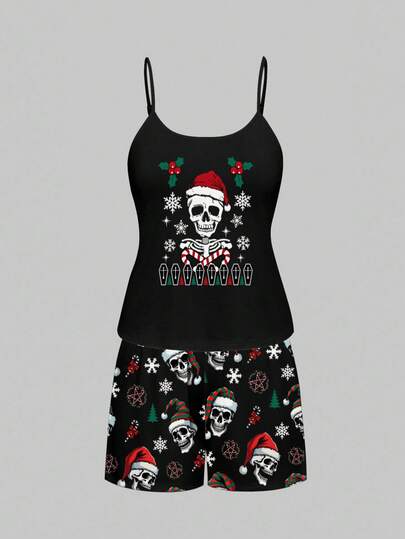 Goth Christmas Tree, Skull, Snowflake Candy Cane, Skull Santa Hat, Snowflake Plus Size All-Over Print Camisole Shorts Pajama Set, Casual Sleepwear