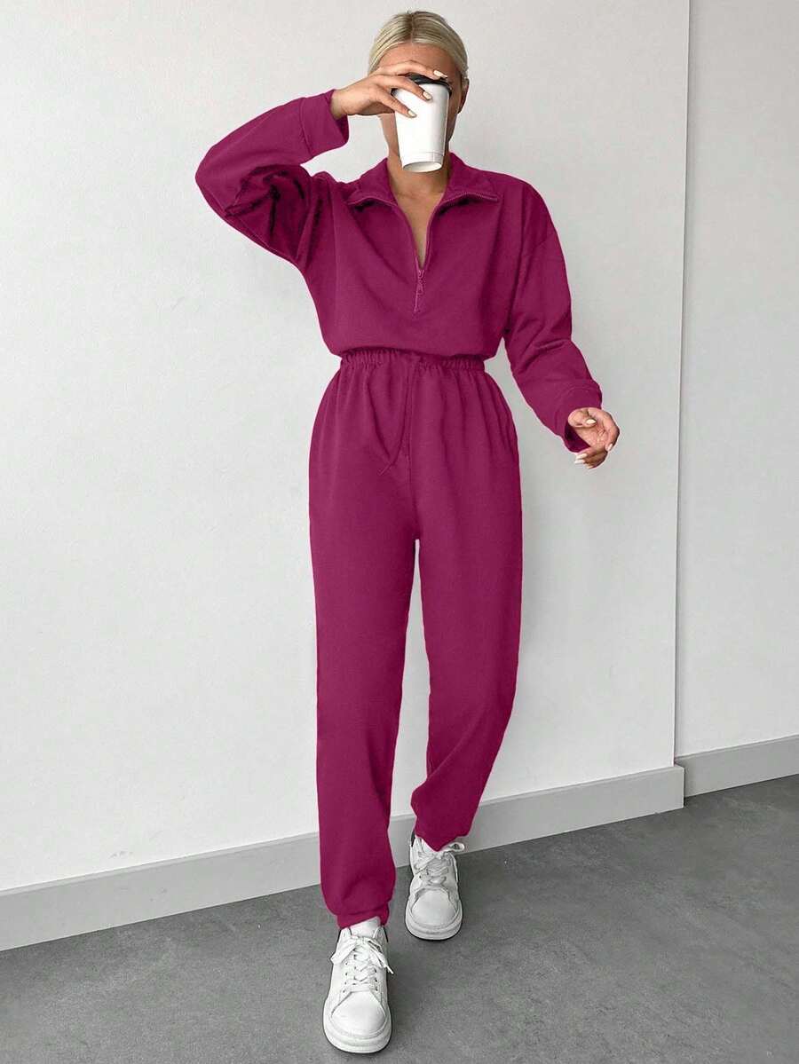 EURMUSE Women's Casual Solid Color Top And Pants 2 Pieces Set, Autumn - Coral Pink - View 1