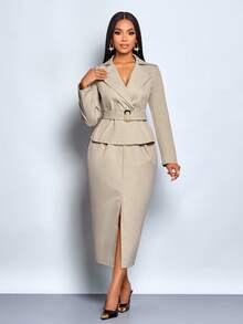 SOLERSUN Women's Elegant Khaki 2 Pieces Set,Summer Business Casual Office Double-Breasted Trench Coat&Front Slit Skirt,Cinched Waist Buckle Belt Suit For Party - Khaki - View 4