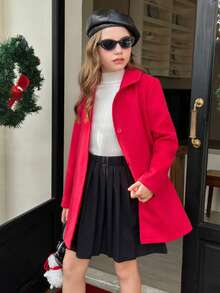 Elladie kids Áo khoác tay dài cài nút màu đỏ dễ thương, giản dị dành cho bé gái tuổi teen, chất liệu len đỏ tối giản, phong cách thu đông - Đỏ - Xem 4