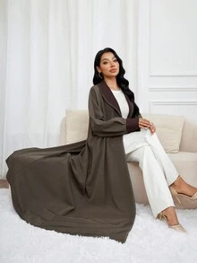 Al Najma 休闲优雅中东女式阿拉伯长袖阿巴亚开衫，秋冬 - 卡其色 - 查看 2