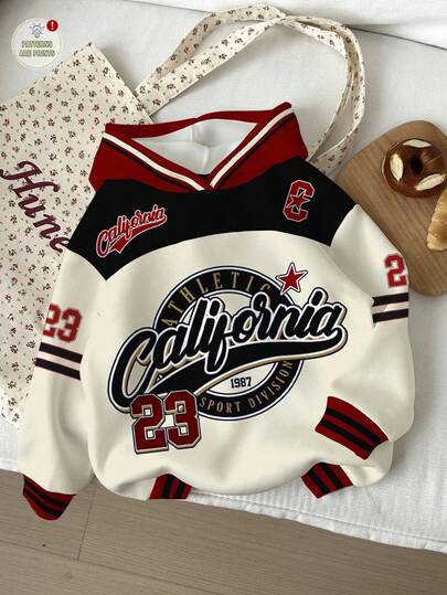 SHEIN Happikins 女婴休闲复古字母数字徽章图案宽松圆领舒适针织长袖卫衣，适合秋冬季宝宝运动服韩版外套卫衣棒球服婴儿服装婴幼儿街头服饰