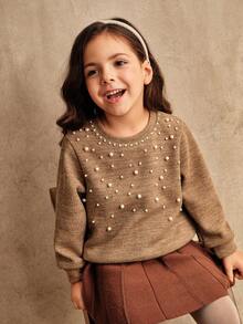 SHEIN 年轻女孩时尚针织毛衣，长袖圆领手工串珠设计套头衫，适合秋冬穿着 - 棕色 - 查看 6