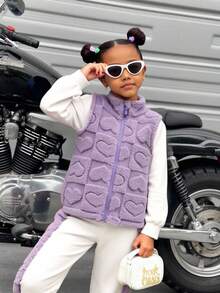 3pcs/Set Toddler Girls Winter Outfit,Heart Embroidery Ribbed Sweatshirt,Furry Trim Sweatpants,Zip-Up Plush Vest,School,Back-To-School,Winter Clothes - Multicolor - View 4