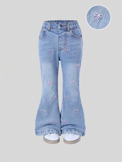 女童喇叭裤，复古风格，蓝色/粉色，蝴蝶结刺绣，休闲，修身，松紧腰，适合上学、派对、日常穿着、度假、通勤、居家，秋季新品
