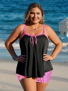 Swim Lushoire Damen Große Größen Sommer Strand geometrisches Muster Lässig Tankini Badeanzug Set