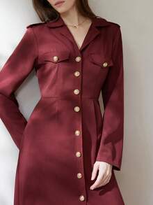Aveloria Rosie Vintage Retro Coin Pattern Solid Color Long Fitted Flared Dress - Red - View 8