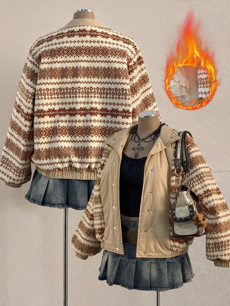 Sunspun 休闲优雅立领短款抽绳腰双面枫叶印花夹克，学院风，加大码女式夹棉外套 - 杏色 - 查看 1