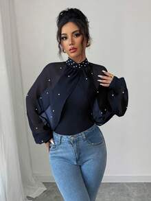 Elenzga Women's Stand Collar Elegant Chiffon Beaded Bodysuit - Navy Blue - View 5