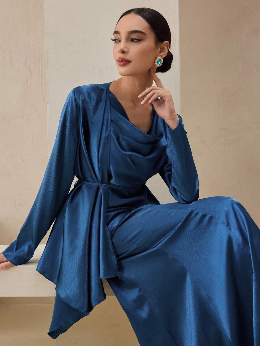 Graceveil 2件套女式吊领塔夫绸束腰长裙套装 - 藍色 - 查看 1