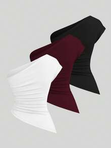 Sweetra Conjunto de top asimétrico con hombro fruncido elegante para mujer - Multicolor - Ver 2