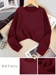 SHEIN Áo len cổ tròn tay dài họa tiết tối giản, rộng rãi, thoải mái dành cho bé gái tuổi teen, màu đỏ tía - Màu Đỏ Sâu - Xem 8