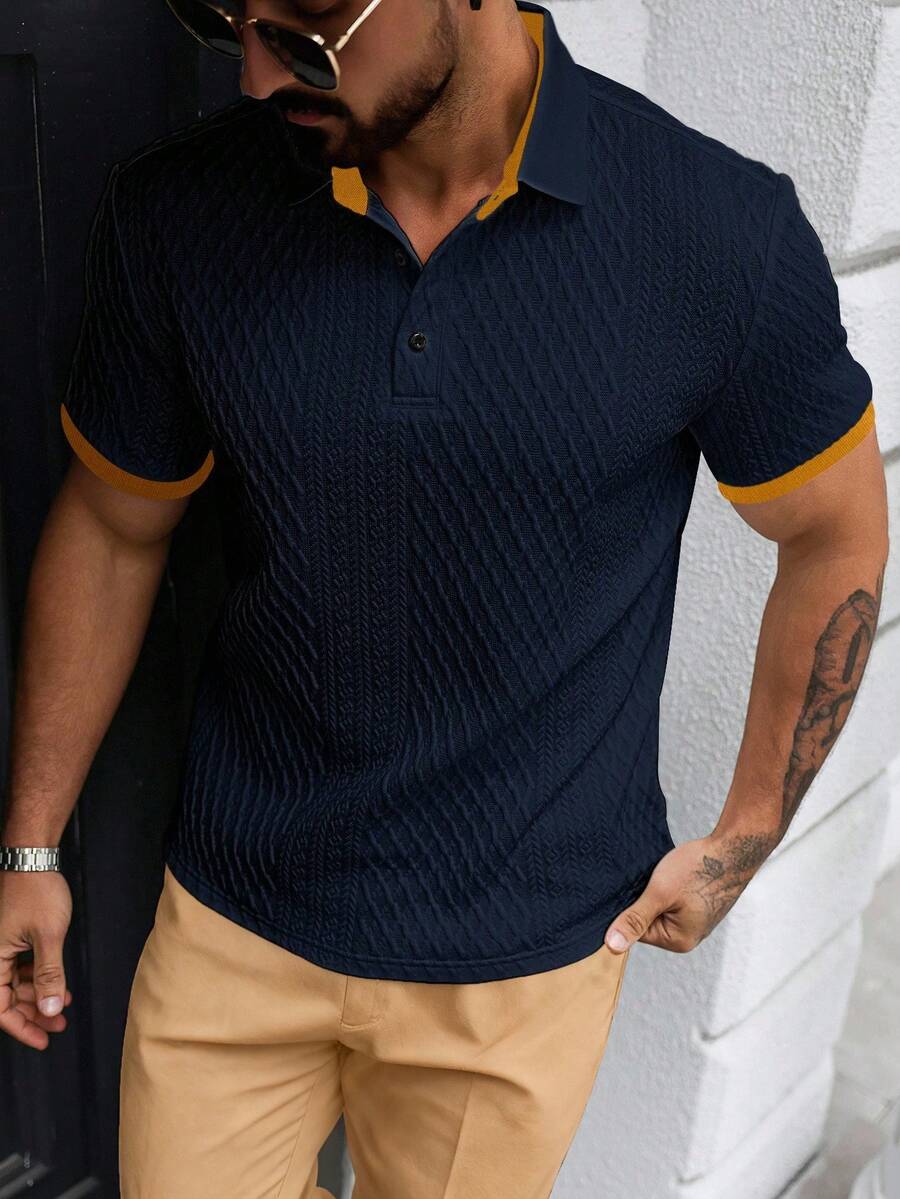 Manfinity Homme 男式撞色装饰半襟休闲短袖插肩 Polo 衫 - 寶藍色 - 查看 1