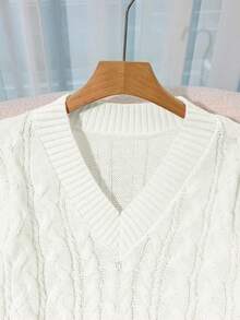 Franclia 新款宽松、柔软、甜美粉色超大V领粗麻针织套头衫，独特设计，百搭 - 白色 - 查看 5