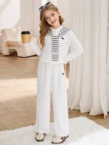SHEIN Tween Girls Korean Stylish High-End Chic Spring/Autumn New Vintage Embroidered Cardigan, Wide-Leg Pants And Shawl 3 PiecesCasual Suit Set For Fall Winter - Multicolor - View 1