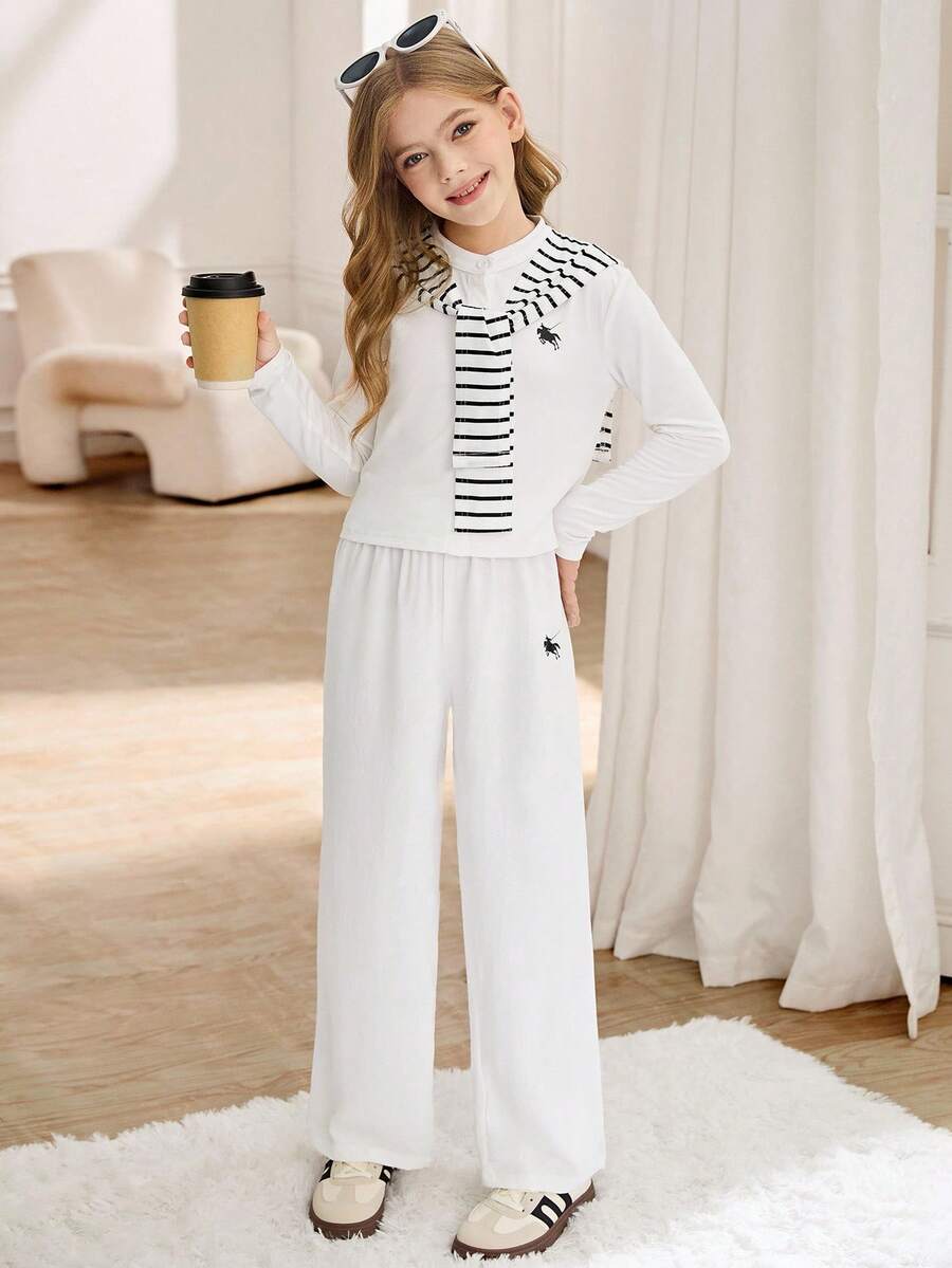 SHEIN Tween Girls Korean Stylish High-End Chic Spring/Autumn New Vintage Embroidered Cardigan, Wide-Leg Pants And Shawl 3 PiecesCasual Suit Set For Fall Winter - Multicolor - View 1