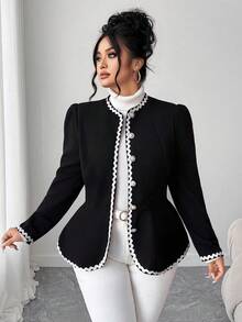 Elenzga 女式加大码白色丝带撞色块前开圆领插肩长袖 A 字宽松优雅舒适百搭休闲夹克，秋季