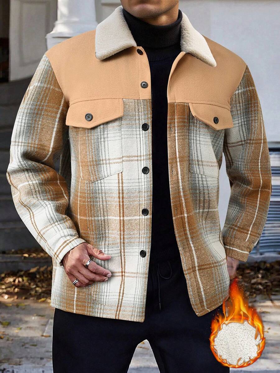 Manfinity Homme Casual Fashionable Versatile Men's Fuzzy Long Sleeve Jacket, Autumn/Winter Plaid Jacket Men Men Shacket Men Plaid Shacket Plaid Shirt Jacket Men - Yellow - View 1