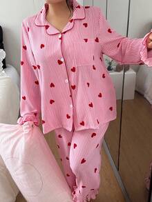 Napfluff CURVE Napfluff CURVE 大码优雅粉色条纹爱心睡衣套装，撞色包边长袖领上衣和长裤，梭织面料家居服睡衣套装，爱心条纹睡衣，女士粉色爱心睡衣套装，粉色条纹睡衣，秋冬服装 - 粉色 - 查看 5