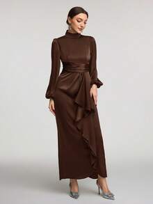 Veilorie Women Solid Color Stand Collar Ruffle Hem Long Sleeve Casual Dress Modest - Coffee Brown - View 7