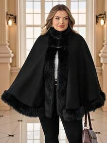 SHEIN CURVE+ Ropa de mujer talla grande de Navidad/Ropa de otoño para mujer/Ropa de invierno para mujer talla grande - Capa de lana sólida con pelaje