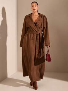 SHEIN BAE 大码女式休闲时尚街头风纯色麂皮翻领双排扣系带风衣，适合秋季、冬季、万圣节、圣诞节、新年、感恩节等场合穿着，麂皮材质，防寒防风。 - 棕色 - 查看 6