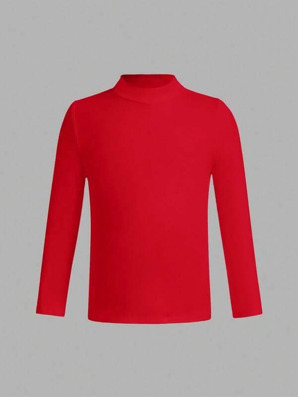 Young Girl Casual Simple Long Sleeve T-Shirt, Suitable For Spring And Autumn, Red Turtleneck Kids Turtle Neck Boys Red Tops Red Tops For Teens Red Long Sleeve Shirt Red Tops For Girls