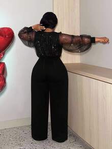 Slaydiva Slayr Plus Size Sexy Shiny Mesh V-Neck Jumpsuit, Date Night Outfit, Valentine's Day Dress - Black - View 2