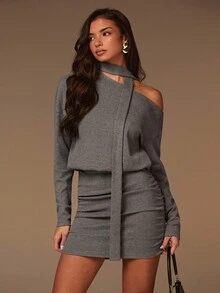 Athîral 女式条纹不对称肩部褶饰长袖休闲迷你连衣裙 - 灰色 - 查看 1