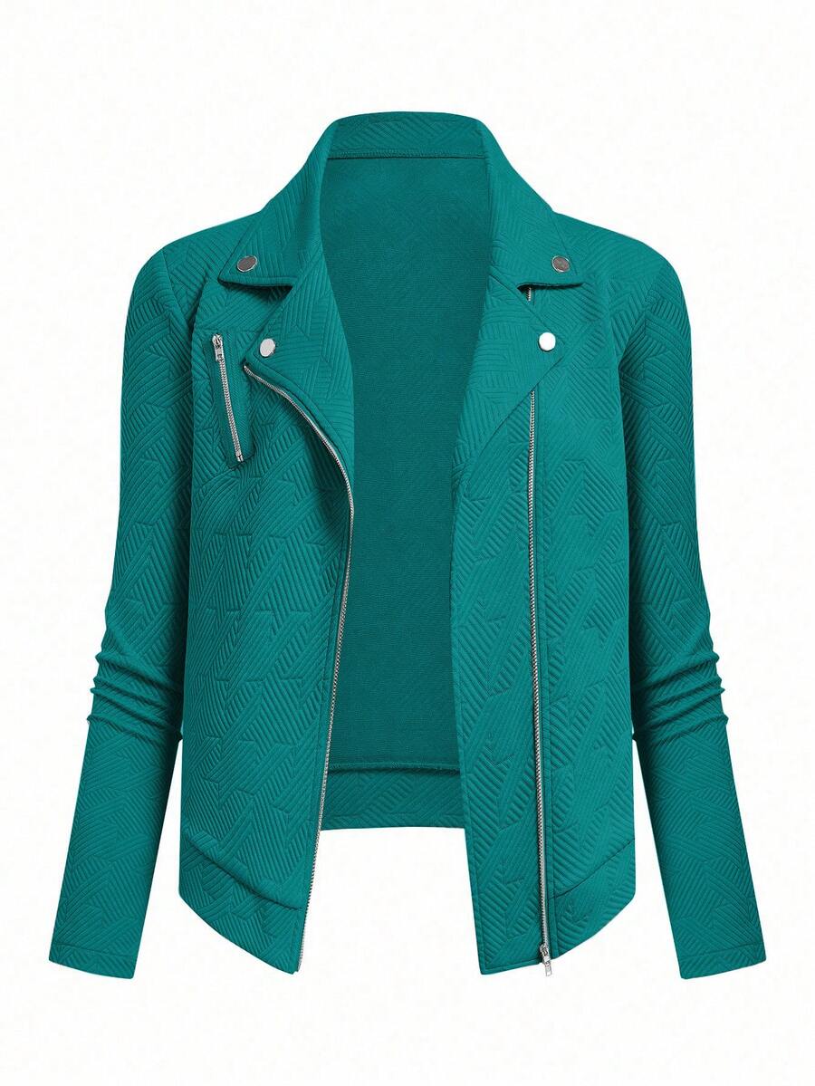 SHEIN LUNE Chaqueta casual de motocicleta con cremallera y cuello de solapa, de tela texturizada - Agua verde azul - Ver 1