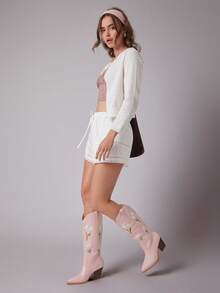 Solezae Women's Glamorous Point Toe Block Heel Embroidery Mid-Calf Cowgirl Boots For Christmas - Pink - View 3