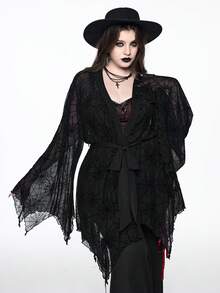ROMWE Plus Size Women Gothic Party Bat Wing Spider Web Flocked Lace-Up Front Top, Halloween - Black - View 5