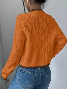 Rafferiza French Casual Versatile Diamond Textured Long Sleeve Pullover Knit - Orange - View 3