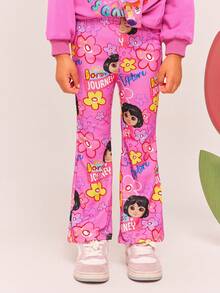 DORA | SHEIN Young Girl Cute Casual Cartoon & Floral Print Knit Pink Flared Leggings - Pink - View 1
