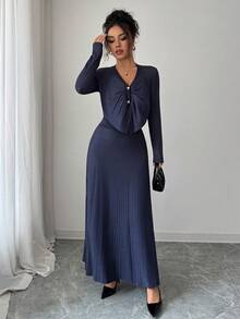 Elenzga Conjunto de punto elegante azul marino, hilo metálico brillante de alta gama, diseño de nicho de cárdigan y falda evasé, opción cómoda para fiestas vintage, viajes al trabajo y salidas en otoño/invierno - Azul - Ver 5