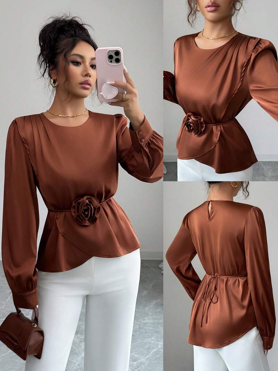 SHEIN Clasi Women's Elegant Solid Color Versatile 3D Floral Decor Asymmetrical Hem Long Sleeve Blouse, Autumn - Coffee Brown - View 1