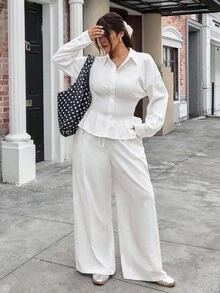 SHEIN EZwear Plus Size Casual Solid Color Cinched Waist Shirt And Pants 2 Pieces Set, Autumn - White - View 2