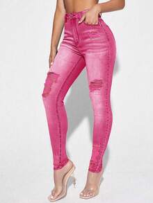 SHEIN Essnce Quần jeans denim skinny lưng cao tối giản, phù hợp mặc hàng ngày - Hồng - Xem 3