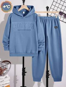 SHEIN 2pcs Set Teen Boy's Leisure Sports College Art Retro Hooded Sweater And Pants Set With Three-Dimensional Printing Suitable For Teen Boy Outfits Toddler Boy Clothes Back To School Boys Set Suitable For Birthday Parties, Parties, Performances, Weddings, Baptisms, Opening Ceremony Daily Suitable For Daily Use Suitable For School Suitable For Travel Suitable For Sports Suitable For Autumn And Winter Seasons - Blue - View 1