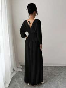 Selianne Bộ đồ liền thân ống rộng xếp ly tay cánh dơi hở lưng màu trơn thanh lịch dành cho nữ - màu đen - Xem 7