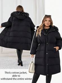 SHEIN CURVE+ 冬季大码女式连帽毛领加厚夹克 - 黑色 - 查看 9