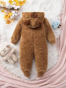 Newborn Baby Girl Cute Fluffy Solid Color Long Sleeve Hooded Jumpsuit, Autumn/Winter Cartoon Brown Capybara Plush Footed Jumpsuit Bear Baby Baby Monkey Suit Baby Fleece Jumpsuit Baby Coat Jumpsuit Dinosaur Winter Jumpsuit For Baby