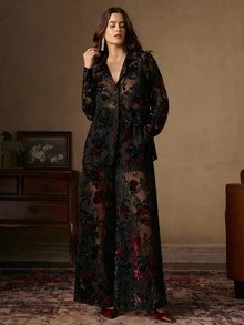 Anewsta 2件套女士优雅花卉刺绣长袖衬衫和裤子套装 - 酒紅色 - 查看 4