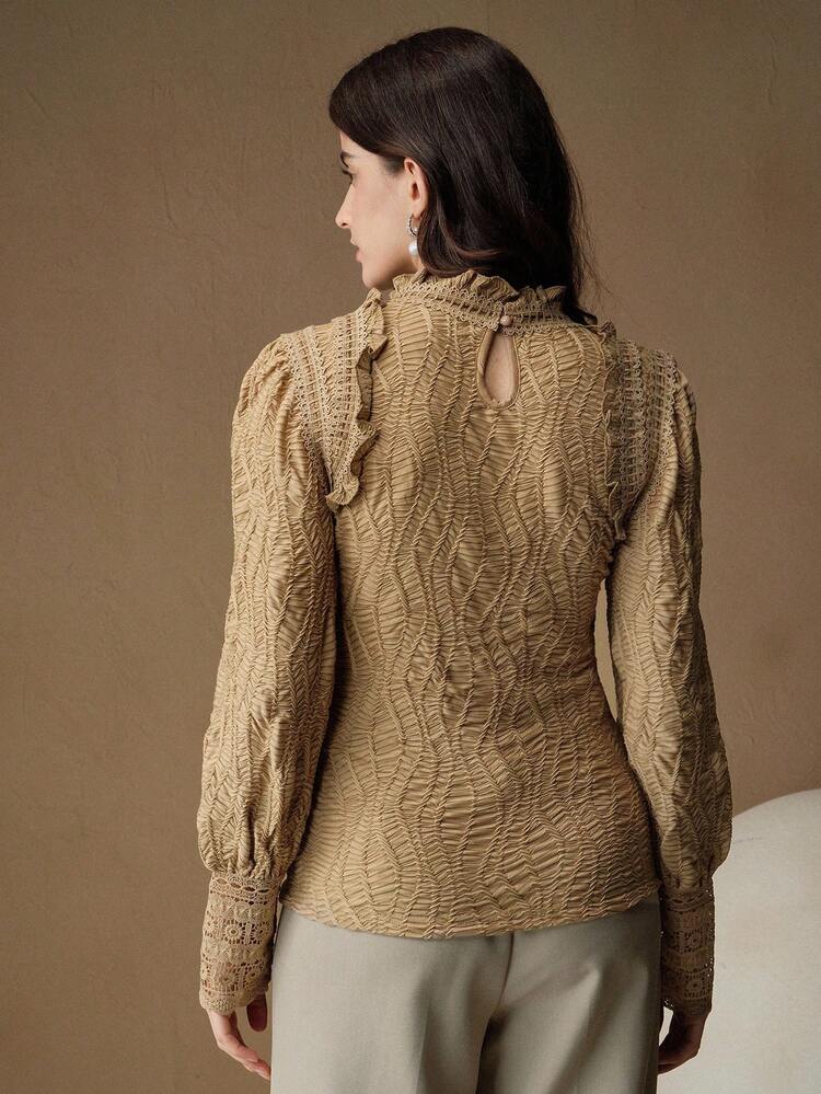 Damen Herbst Rüschen Kragen Blumen Patchwork Französischer Vintage Stil Elegante Khaki Langarm Bluse