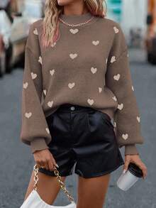 SHEIN LUNE Suéter de hombros caídos con estampado de corazón, informal para otoño/invierno - Café integral - Ver 3