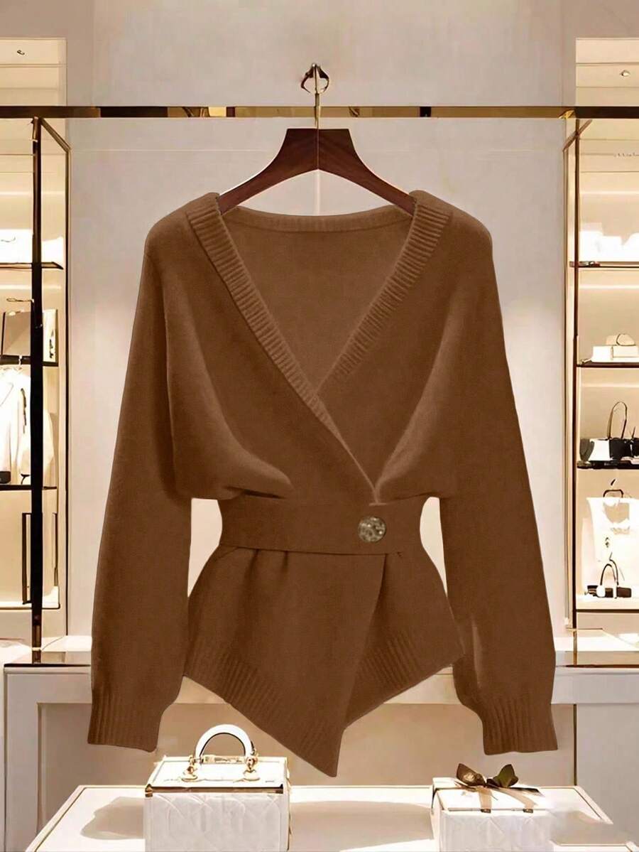 Franclia New Autumn/Winter High-Quality Elegant Versatile Soft White Cardigan For Women - Chocolate Brown - View 1