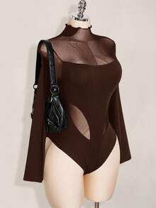 SHEIN ICON Plus Size Y2K Long Sleeve Mesh Patchwork Bodysuit, Sexy Mesh Bodysuit For Halloween, Halloween Costume, Autumn - Brown - View 7