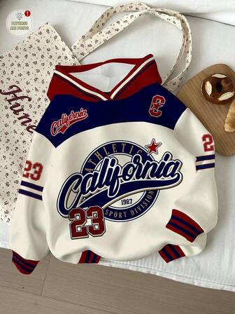 Slaydiva 大码女式休闲复古字母和数字徽章图案宽松圆领舒适针织长袖运动衫，适合秋冬季