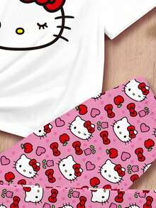 SHEIN Hello Kitty and Friends | Modeflare Wear Hallo Litty Cute Little Girl, Tween Girl Casual Minimalist Crew Neck Short Sleeve Pants Pajamas Set, Suitable For Summer, Parent-Child Activities, Sleepover Parties - Multicolor - View 5